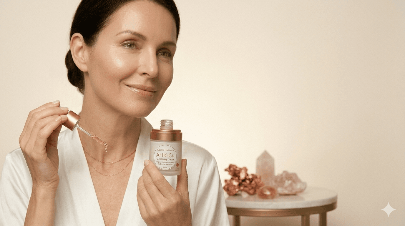 Woman with radiant glowing skin applying Copper Radiance GHK-Cu serum